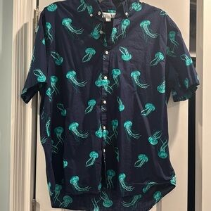Men’s Old Navy Short-Sleeved button down. Navy with Turquoise jelly-fish. XXL